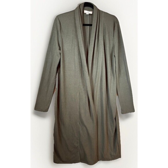 H HALSTON Cardigan Duster M‎ Thyme Green Open-Front Lightweight Knit Long - Picture 1 of 10